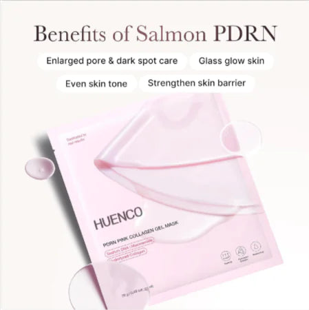 Pink collagen gel facial mask package highlighting benefits for enlarged pores, dark spots, even skin tone, and glowing skin.
