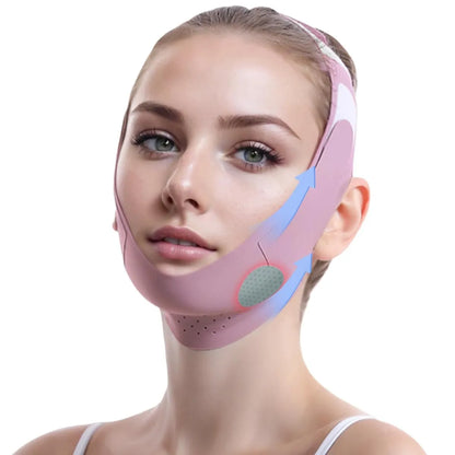 Young woman wearing pink V face lifting mask bandage designed to enhance facial contours and provide a natural lift