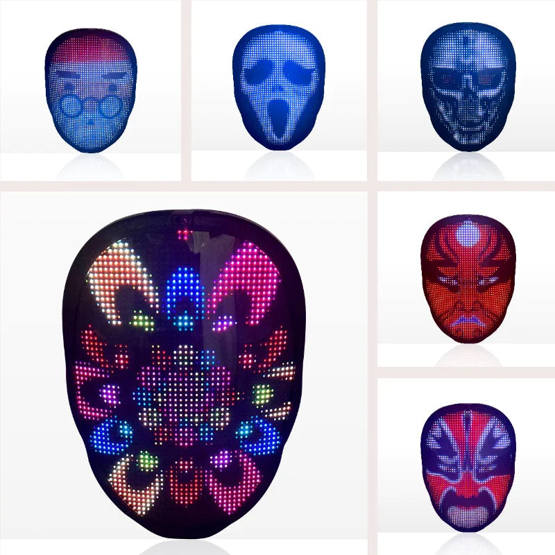 LED face mask displaying various colorful and animated patterns for Halloween or cosplay events.