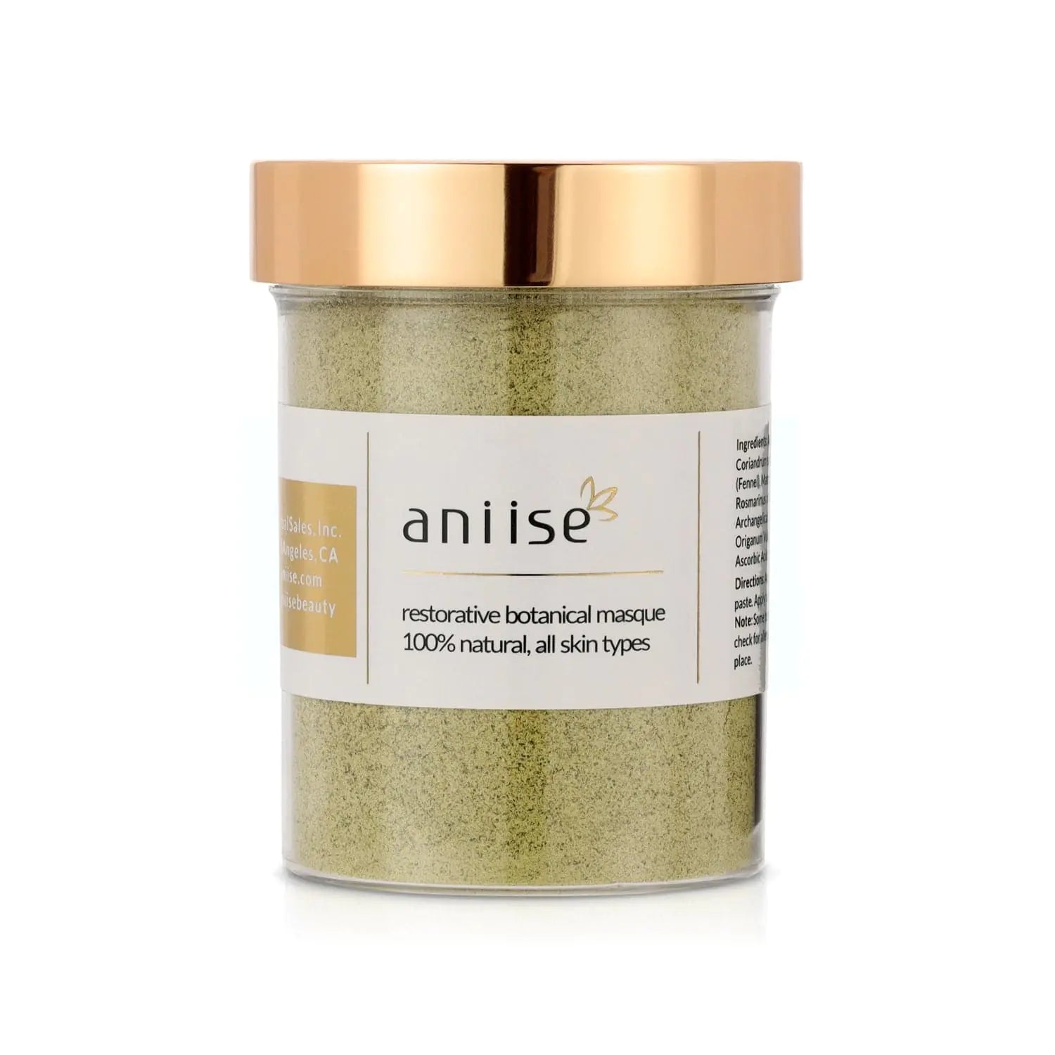 Glass jar of Aniise restorative botanical face mask with gold lid, natural powder for all skin types
