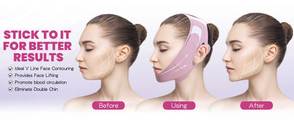 Woman demonstrating before, during, and after using the Face Lifting Mask V Face Bandage for facial contouring and lifting