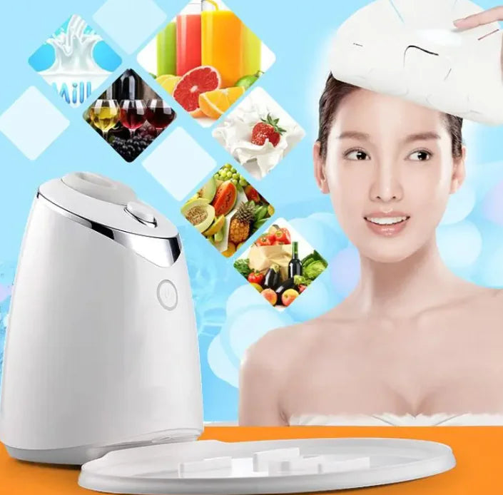White face mask maker machine with fruits and skincare ingredients and a woman applying a mask wrap