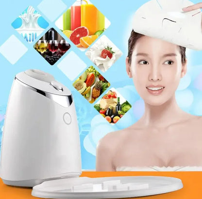 White face mask maker machine with fruits and skincare ingredients and a woman applying a mask wrap