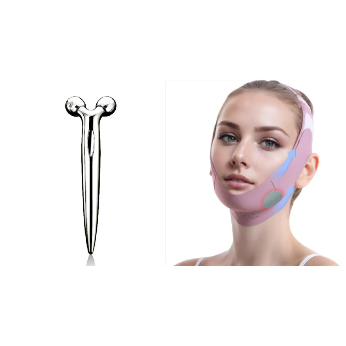 Silver facial massage tool with two ball heads and a woman wearing a pink V face lifting mask bandage