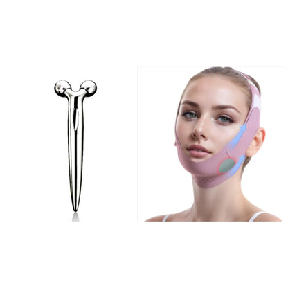 Silver facial massage tool with two ball heads and a woman wearing a pink V face lifting mask bandage
