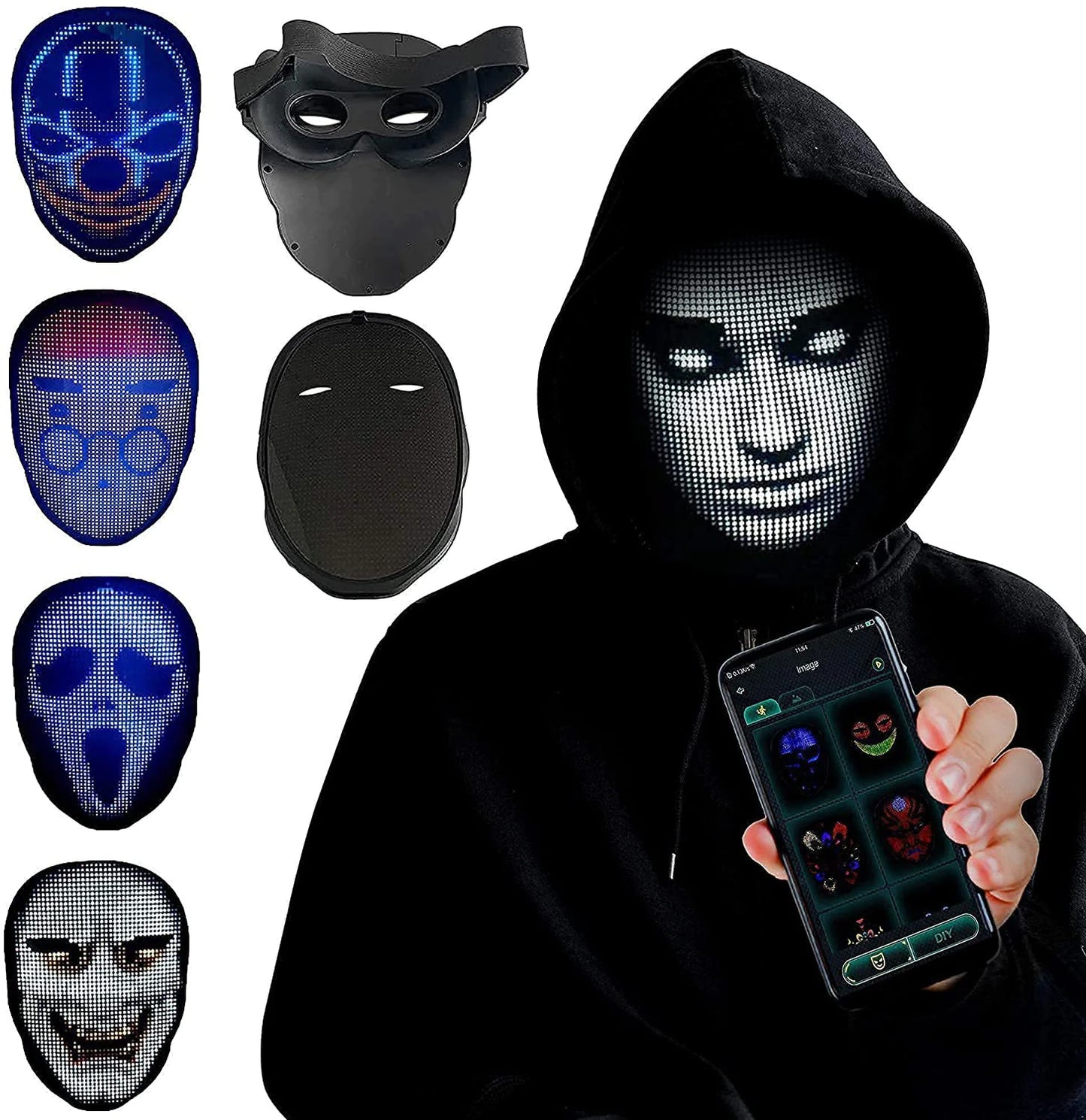 Person wearing a black hoodie and LED face mask displaying light patterns, holding phone showing mask design options.