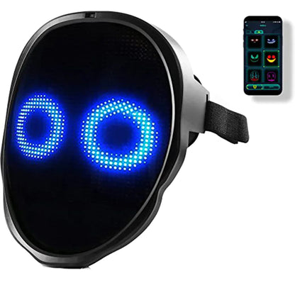 LED face mask with glowing blue eyes design and adjustable strap, shown with smartphone app for pattern control.