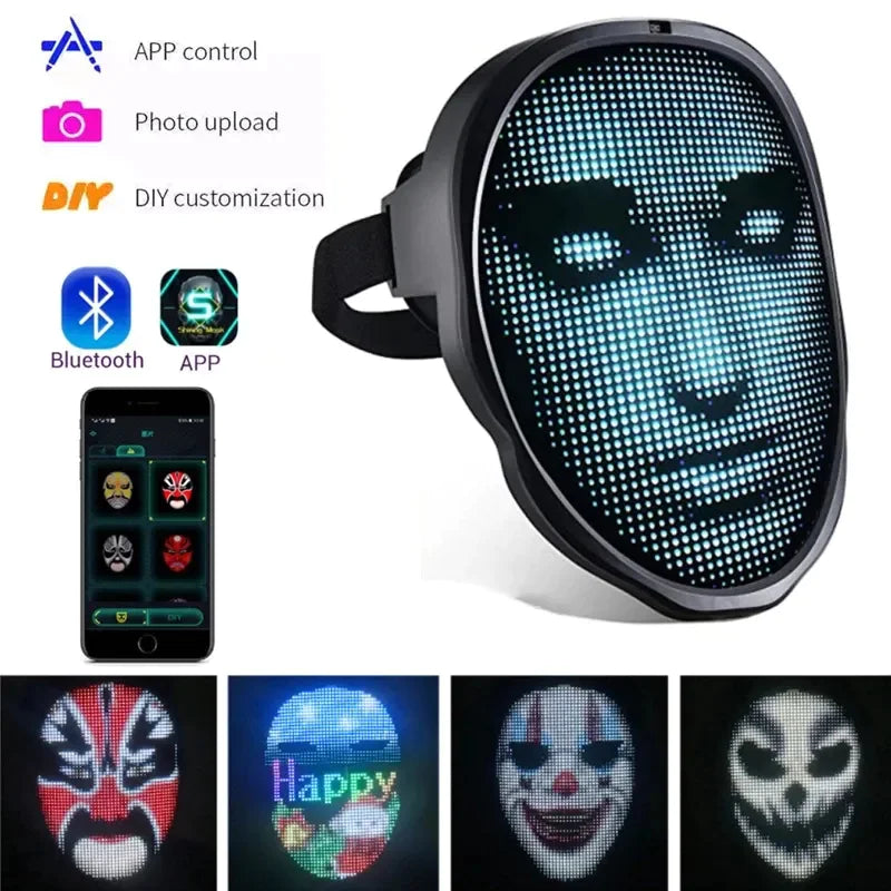 Black LED face mask with customizable full-color digital display controlled via smartphone app and Bluetooth connectivity