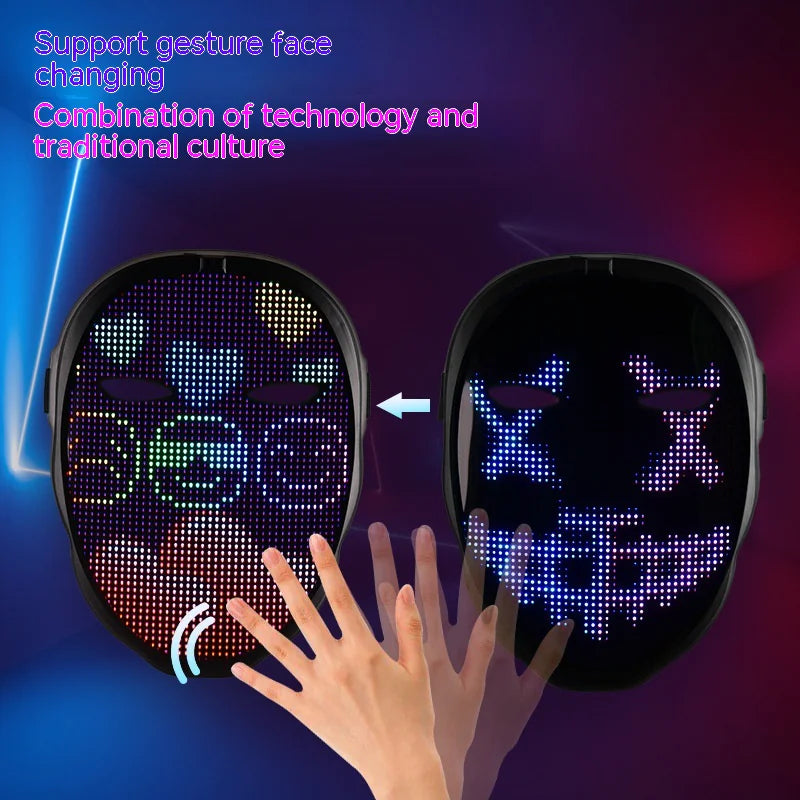 Two LED face masks displaying colorful patterns, with a hand gesture changing the mask designs.
