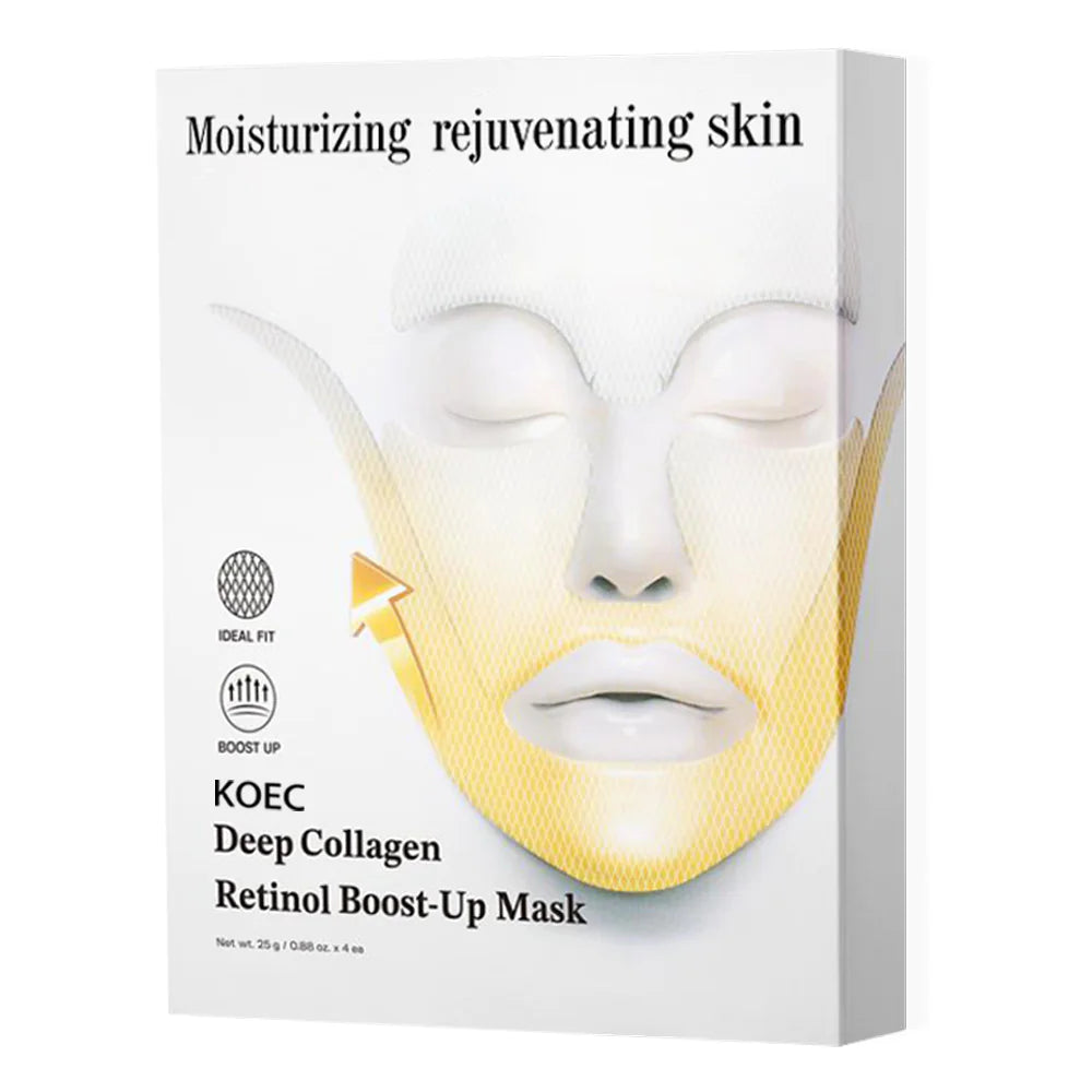 Box packaging of KOEC Deep Collagen Retinol Boost-Up Mask for moisturizing and rejuvenating skin with ideal fit and boost up features
