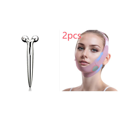 Silver facial massage roller next to a woman wearing a pink V face lifting mask bandage on her chin and jawline