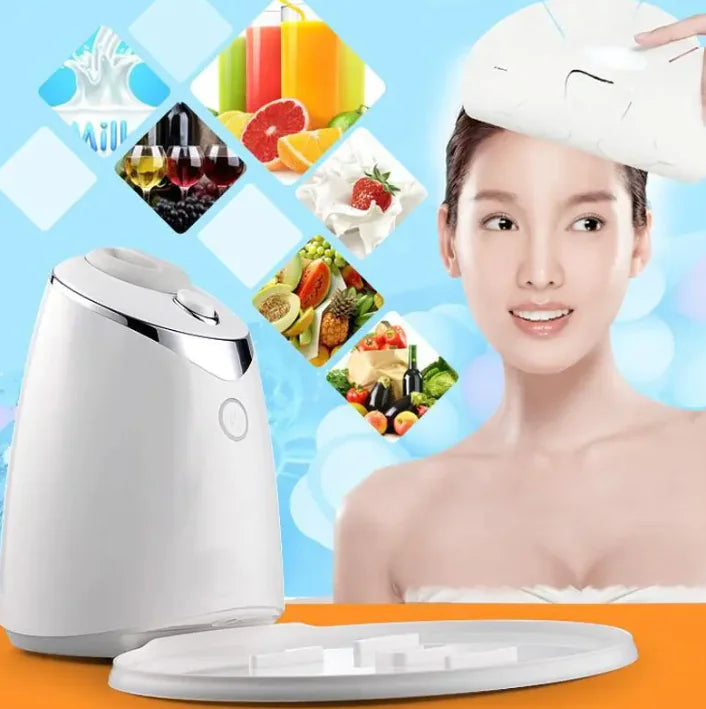 Woman using a white face mask maker machine with images of natural fruits and vegetables in the background