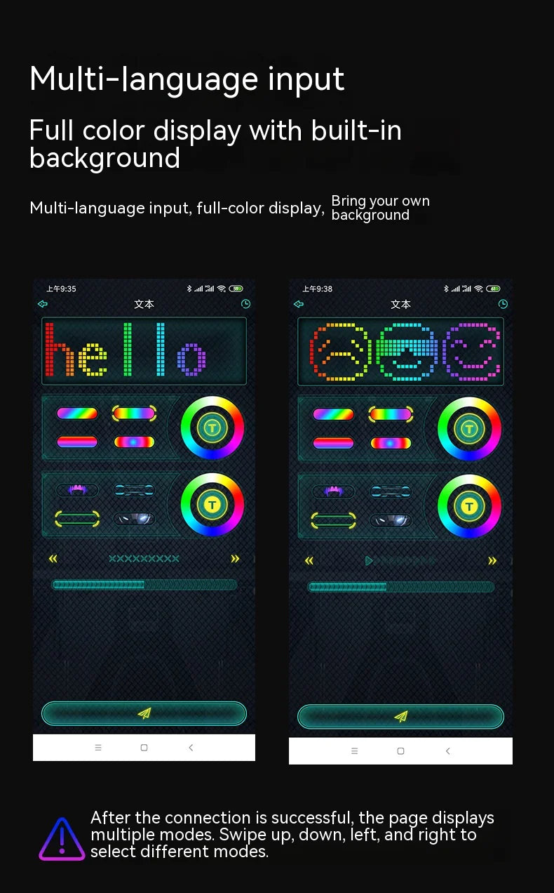 Smartphone app interface showing multi-language input and full-color LED display controls for LED face mask customization