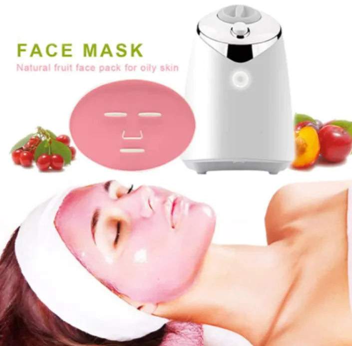 Face Mask Maker Machine with natural fruit ingredients and a woman applying a pink facial mask for oily skin treatment