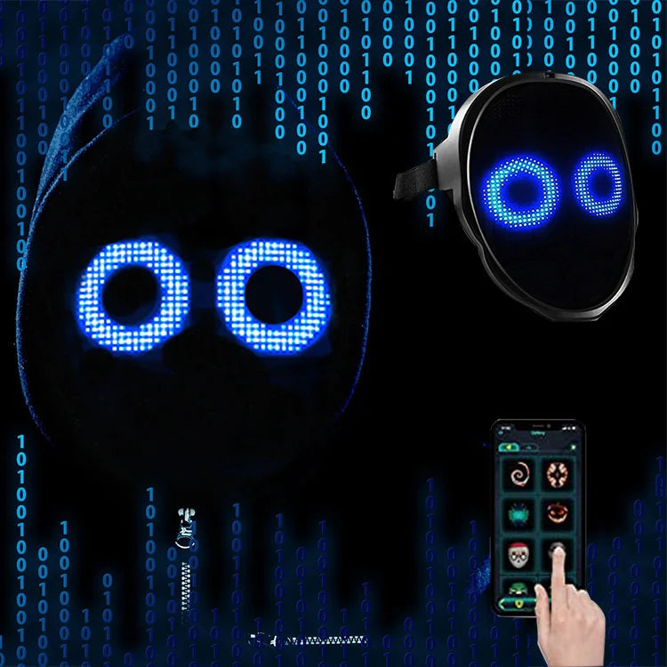 Black LED face mask with glowing blue eyes and smartphone app showing customizable light patterns in dark setting