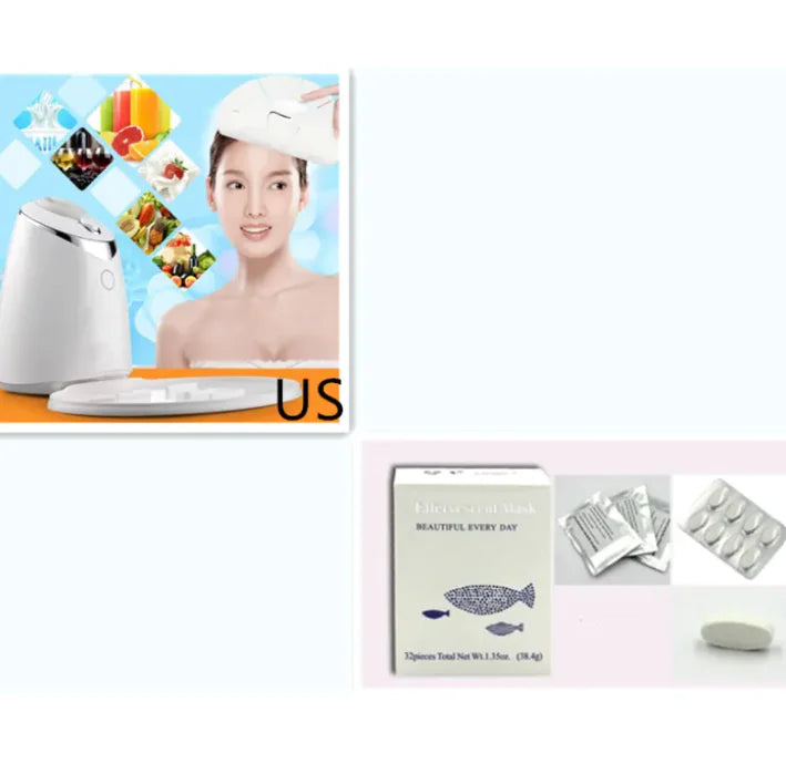 Woman using the Face Mask Maker Machine with images of fruits and vegetables in the background on a blue backdrop