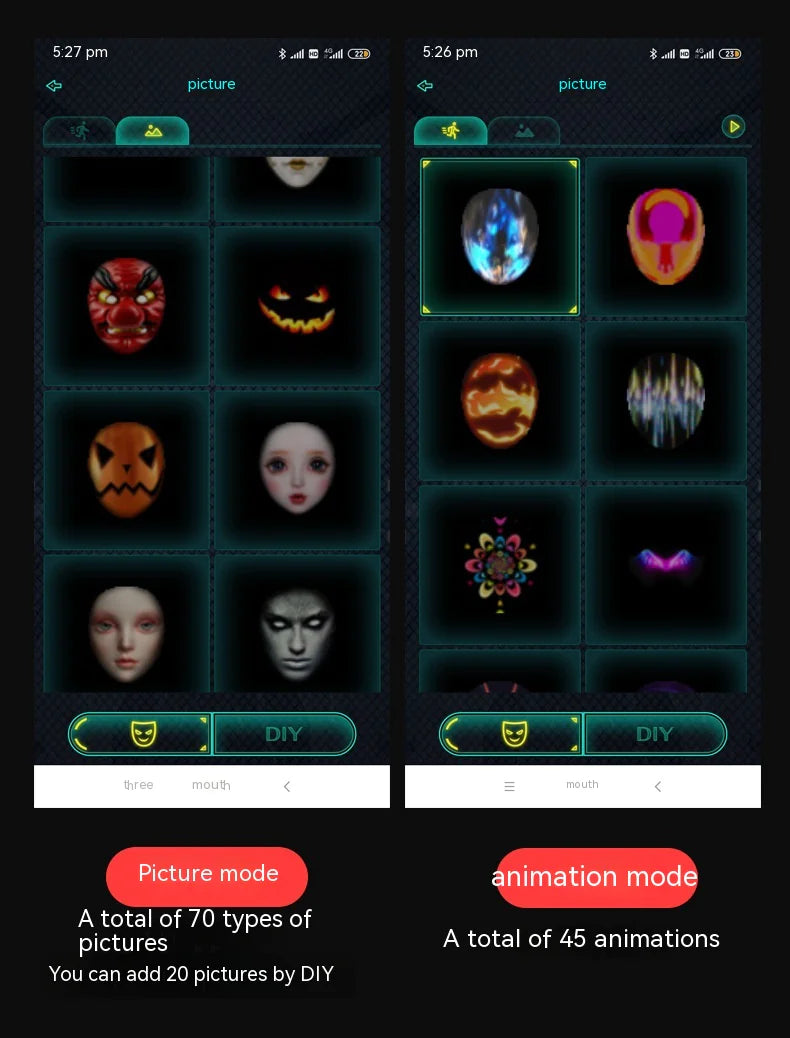 Interface showing customizable LED face mask patterns and animations with picture and animation modes on a mobile app.