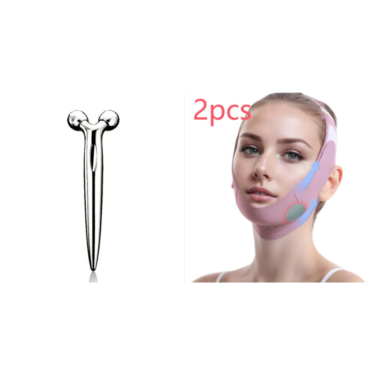 Stainless steel facial massage tool and woman wearing a pink Face Lifting Mask V Face Bandage for natural lift and contour