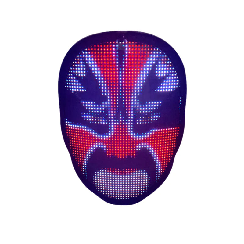 LED face mask with colorful, animated patterns perfect for Halloween, parties, and cosplay events.