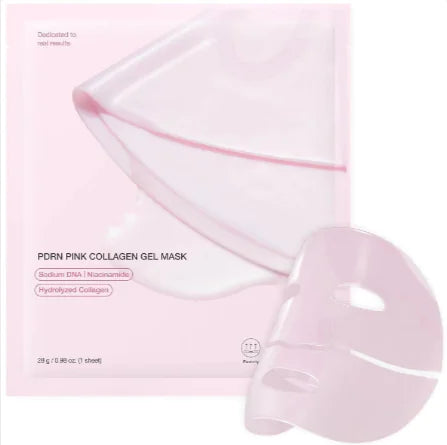 Pink collagen gel facial mask sheet with packaging highlighting sodium DNA, niacinamide, and hydrolyzed collagen ingredients