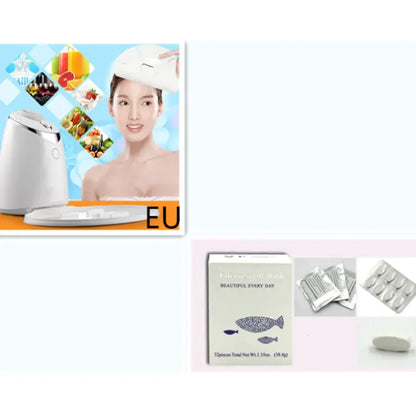 Woman using a face mask maker machine with images of natural fruits and vegetables in the background