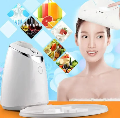 White face mask maker machine with a woman applying a facial mask and images of natural ingredients in the background