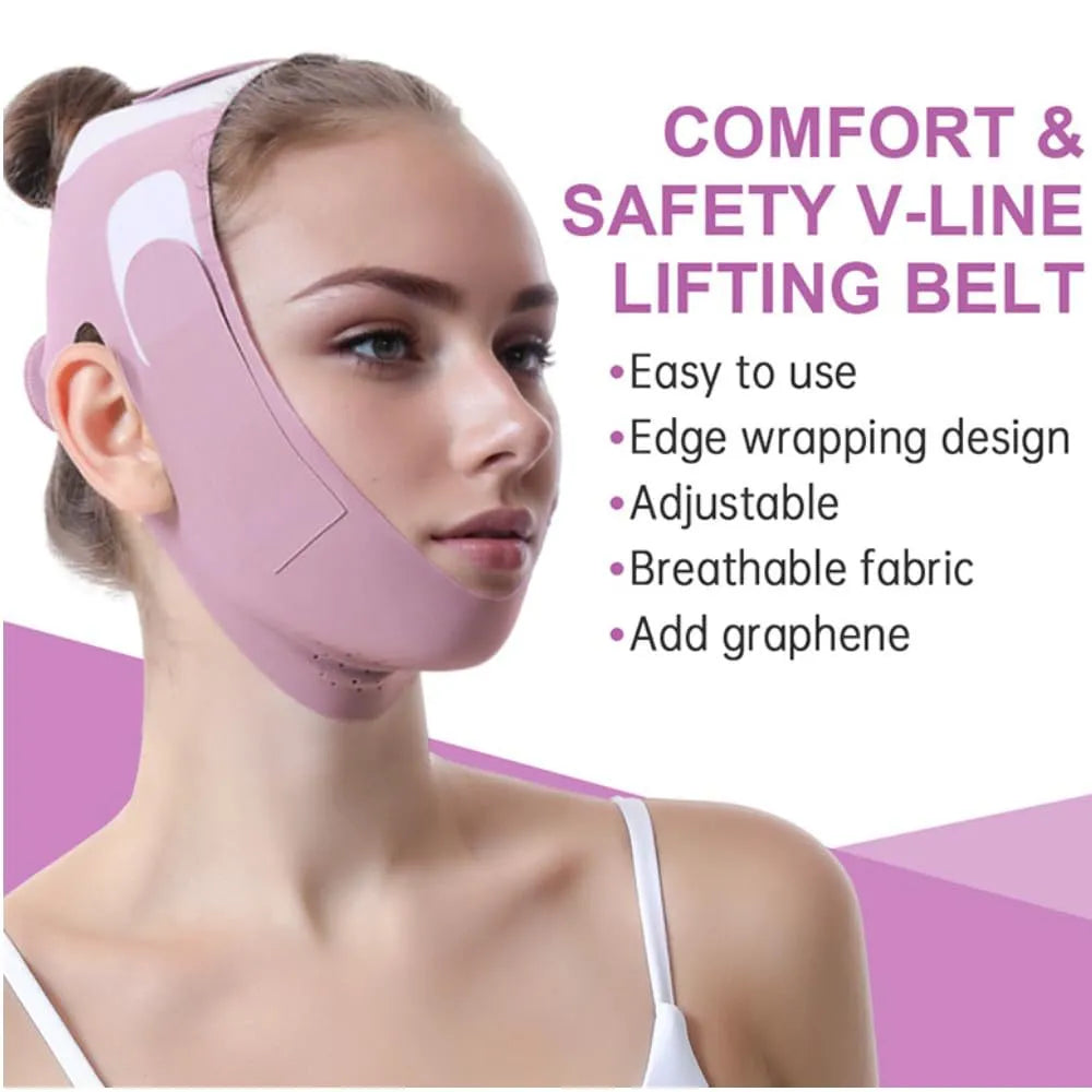 Young woman wearing adjustable pink V-line face lifting mask with breathable fabric and edge wrapping design