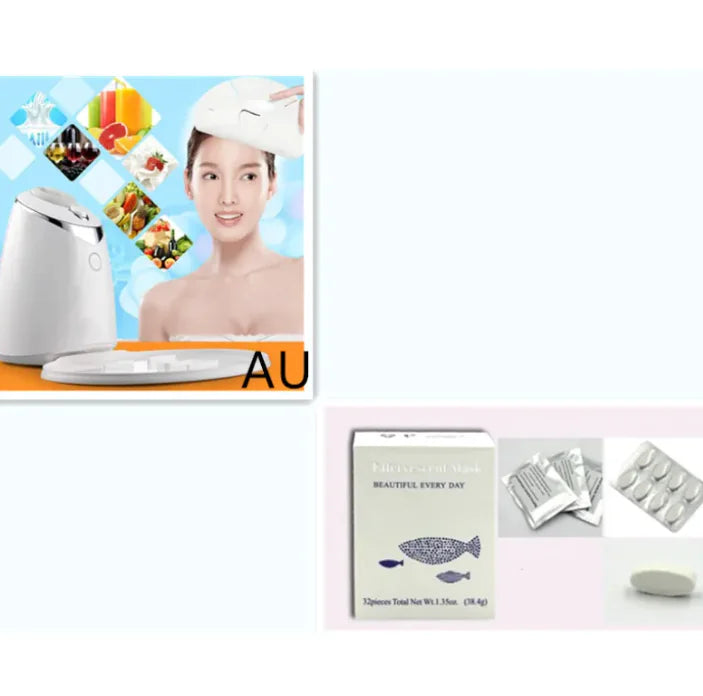Face Mask Maker Machine with images of natural ingredients and a woman using the device for skincare at home