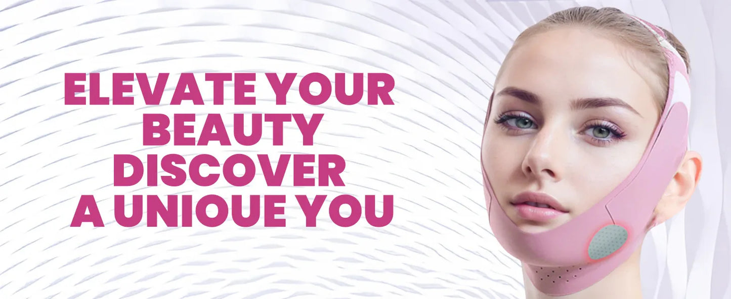 Young woman wearing a pink Face Lifting Mask V Face Bandage for facial contouring and natural lift
