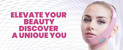 Young woman wearing a pink Face Lifting Mask V Face Bandage for facial contouring and natural lift