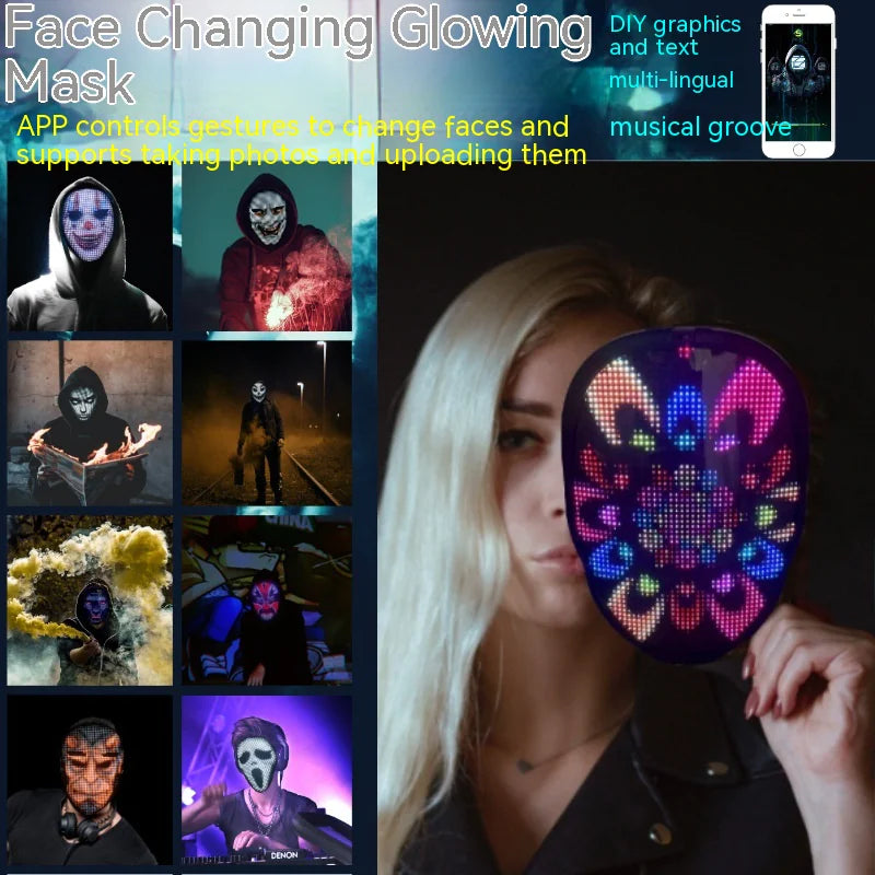 Woman holding a colorful LED face mask with changing patterns, showcasing its glowing display for parties and events