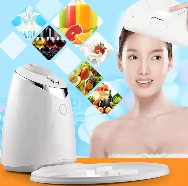 Compact white face mask maker machine with natural ingredients and a smiling woman applying a mask at home.