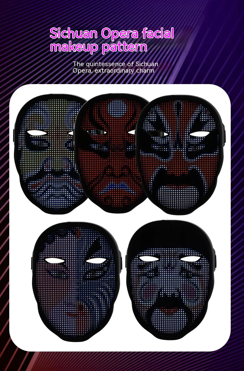 Five LED face masks displaying colorful Sichuan Opera facial makeup patterns on black background