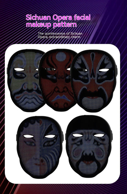 Five LED face masks displaying colorful Sichuan Opera facial makeup patterns on black background
