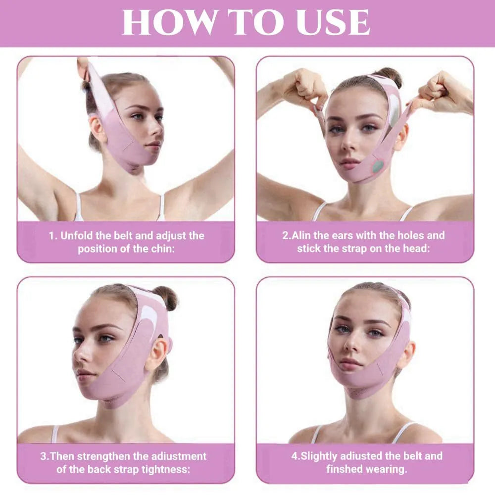 Step-by-step instructions showing how to wear the pink Face Lifting Mask V Face Bandage for facial contouring.
