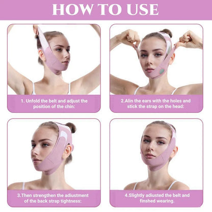 Step-by-step instructions showing how to wear the pink Face Lifting Mask V Face Bandage for facial contouring.