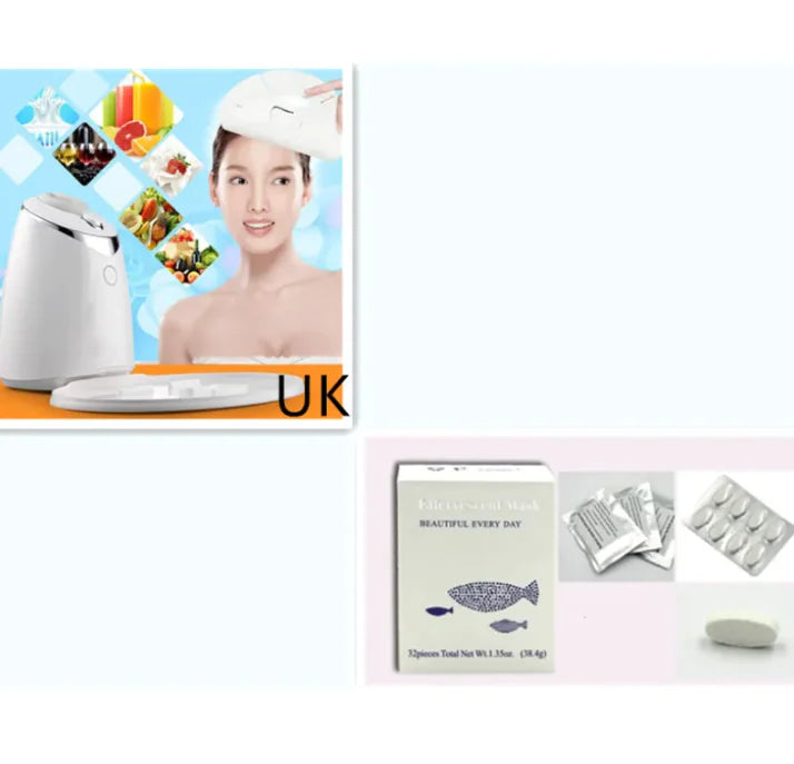 Face Mask Maker Machine with powder capsules and a woman pouring water for homemade facial masks skincare device