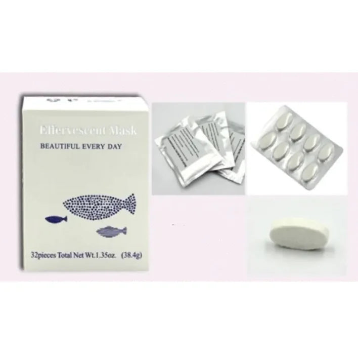 Effervescent face mask tablets with packaging and individual sachets for easy facial mask preparation at home